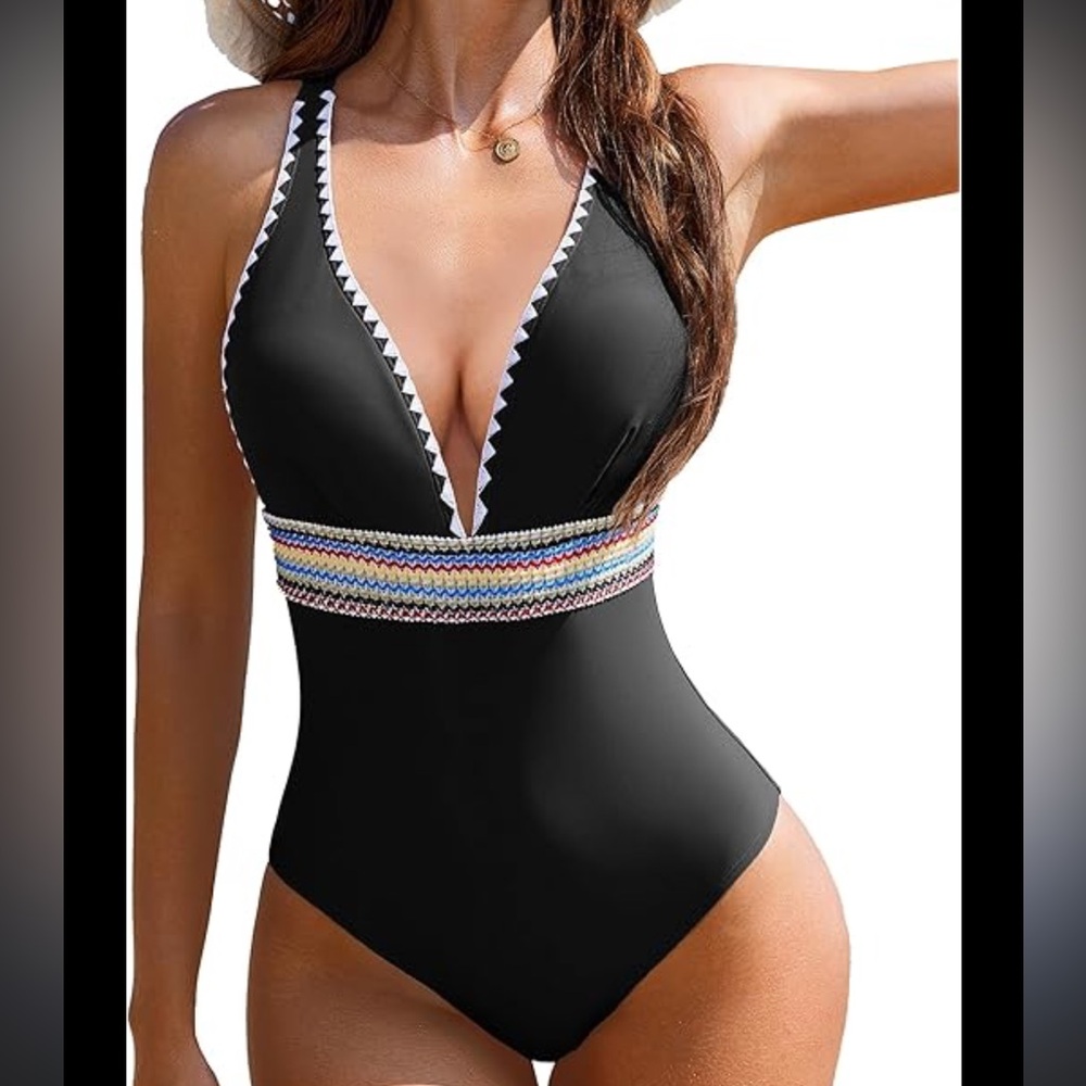 AIMAGE Womens Black One Piece Swimsuit Crochet Waist Ric Rac V-Neck Size M NEW
